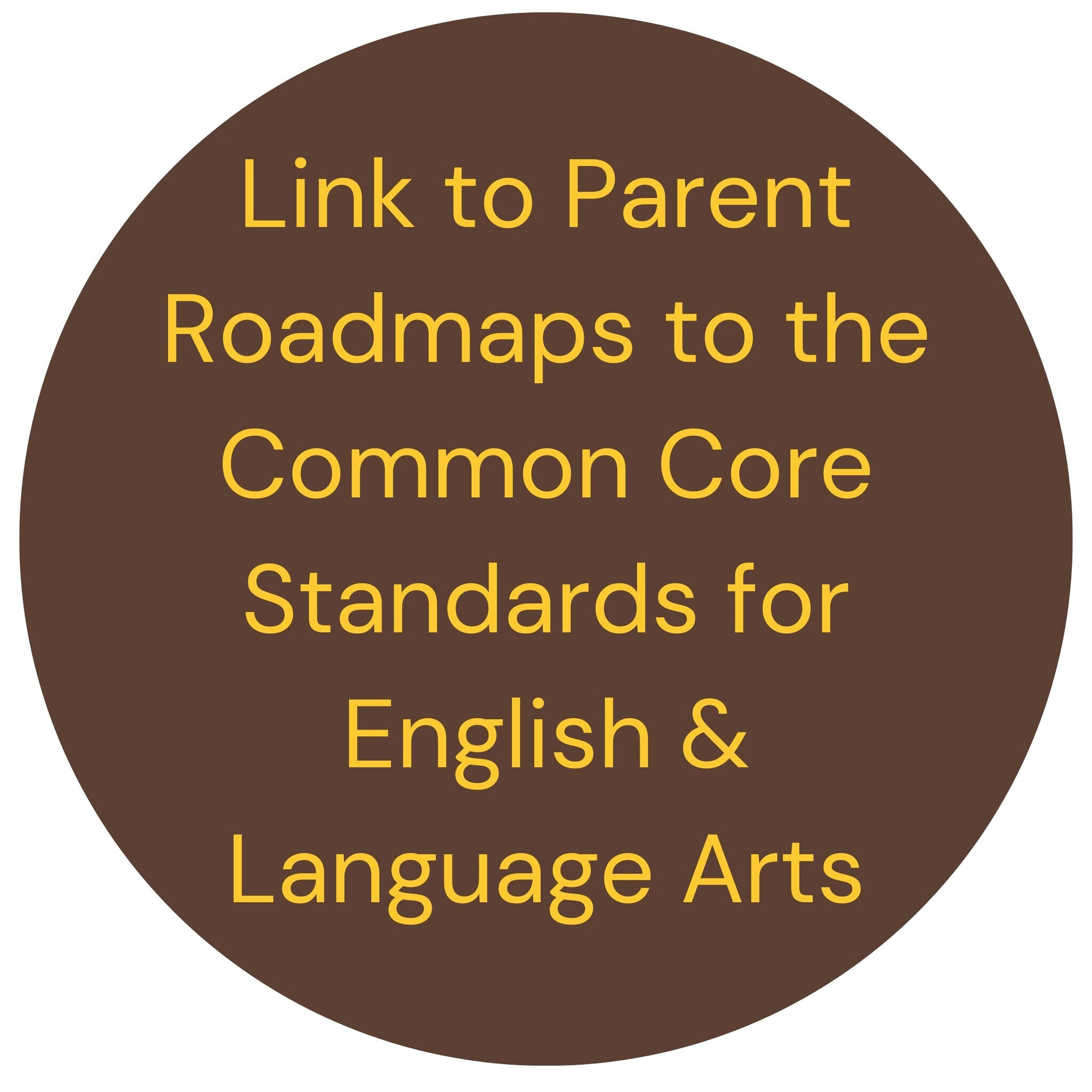 brown circle, yellow font stating parent roadmaps to the common core standards - english language arts