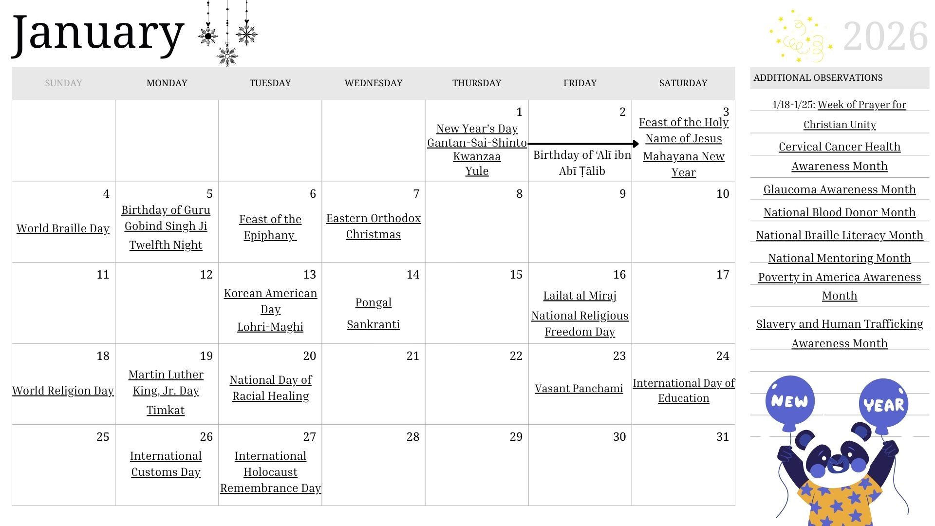 January 2026 Calendar