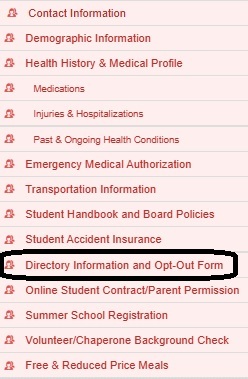 This is a list of back to school forms with Directory Information and Opt-Out Form circled. 